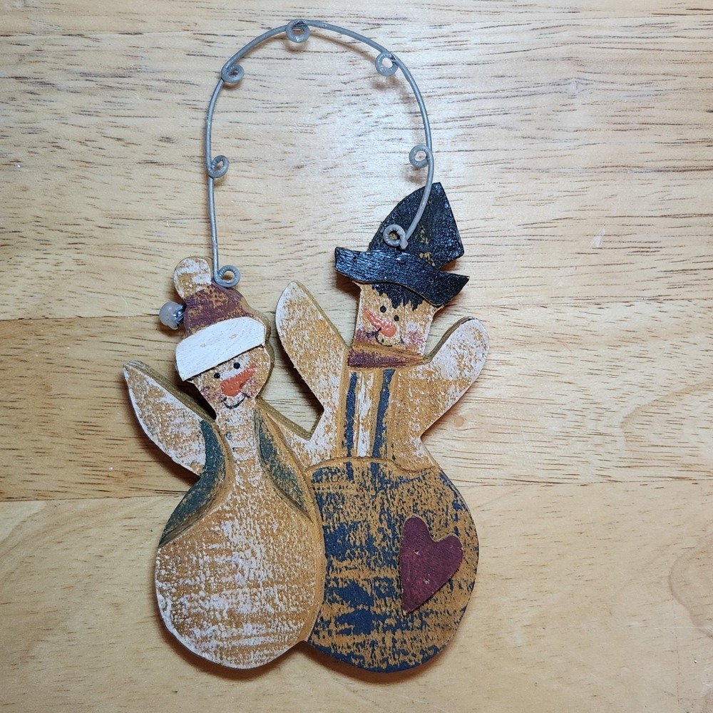 Vintage wooden Two Snowmen Country Rustic Primitive Holiday Christmas Ornament